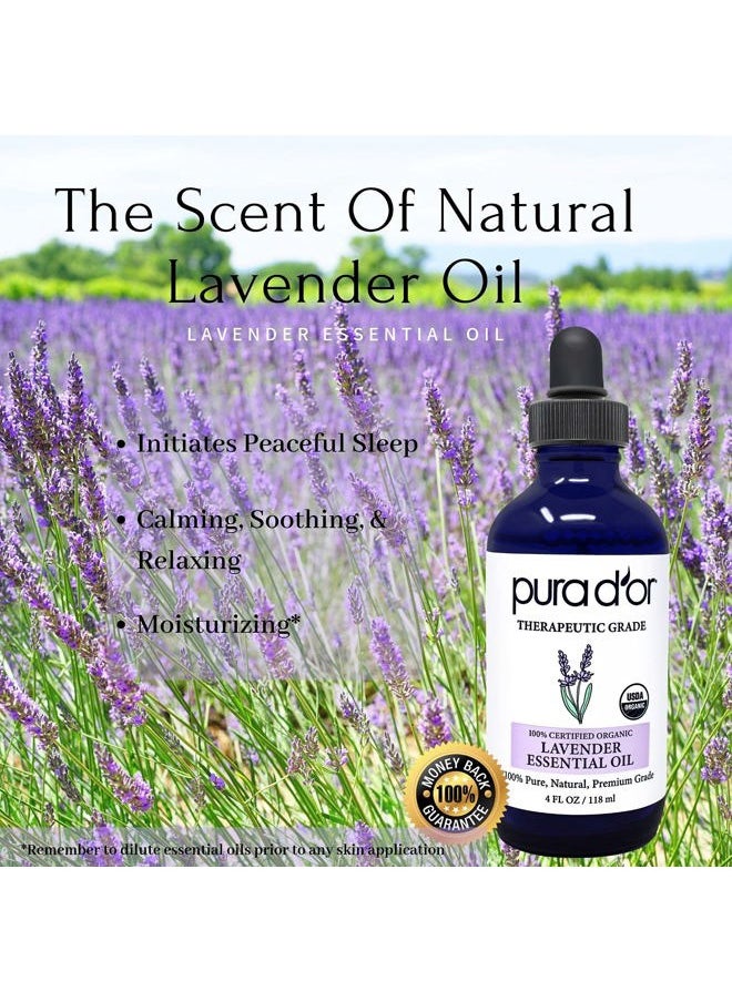 Organic Lavender Essential Oil (4oz with Glass Dropper) 100% Pure & Natural Therapeutic Grade for Hair, Body, Skin, Aromatherapy Diffuser, Relaxation, Meditation, Massage, Home, DIY Soap