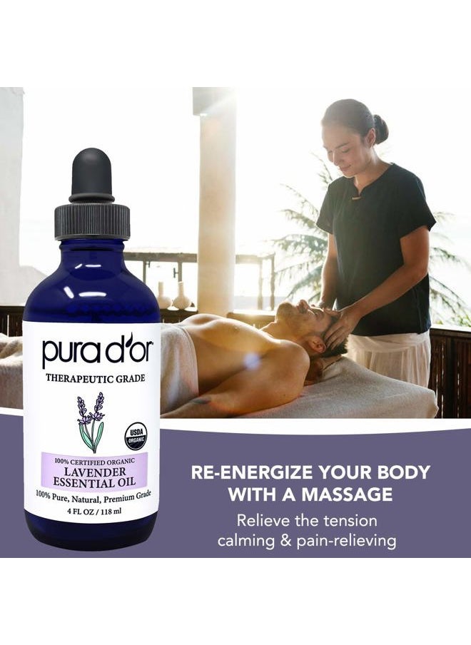Organic Lavender Essential Oil (4oz with Glass Dropper) 100% Pure & Natural Therapeutic Grade for Hair, Body, Skin, Aromatherapy Diffuser, Relaxation, Meditation, Massage, Home, DIY Soap
