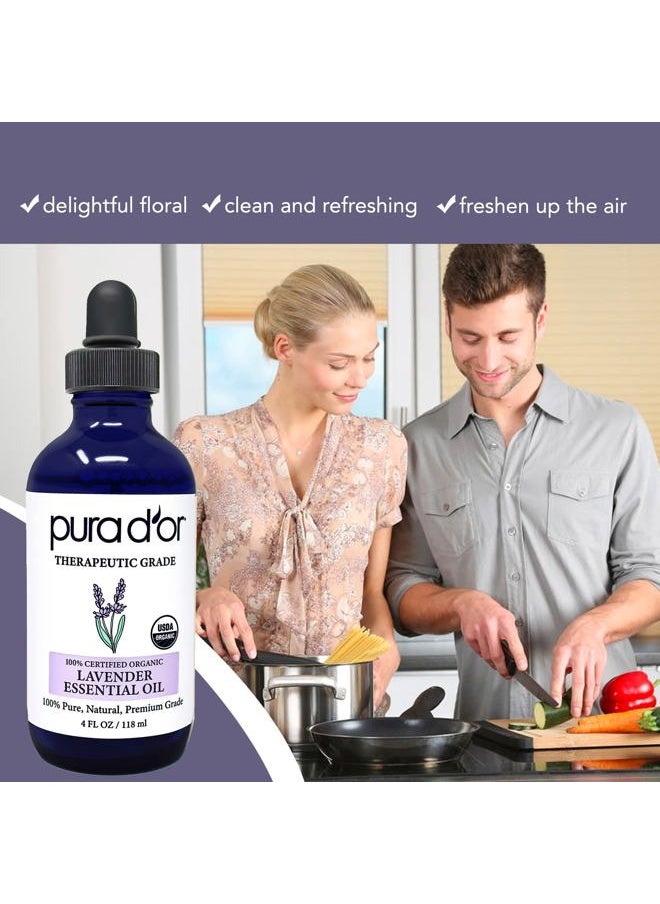 Organic Lavender Essential Oil (4oz with Glass Dropper) 100% Pure & Natural Therapeutic Grade for Hair, Body, Skin, Aromatherapy Diffuser, Relaxation, Meditation, Massage, Home, DIY Soap