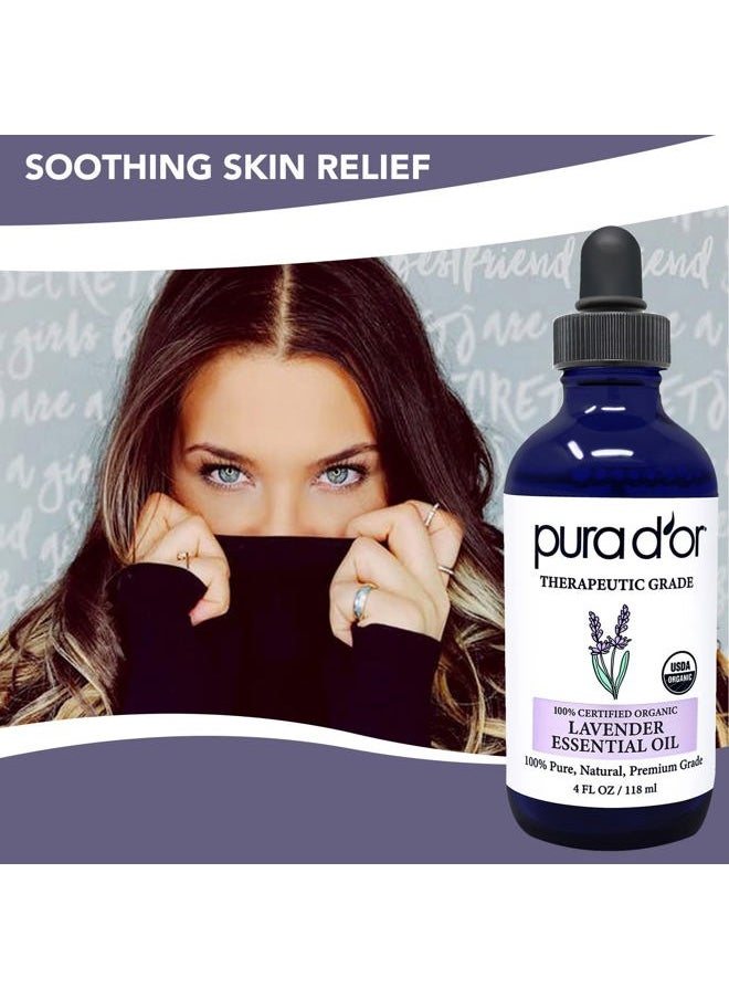 Organic Lavender Essential Oil (4oz with Glass Dropper) 100% Pure & Natural Therapeutic Grade for Hair, Body, Skin, Aromatherapy Diffuser, Relaxation, Meditation, Massage, Home, DIY Soap
