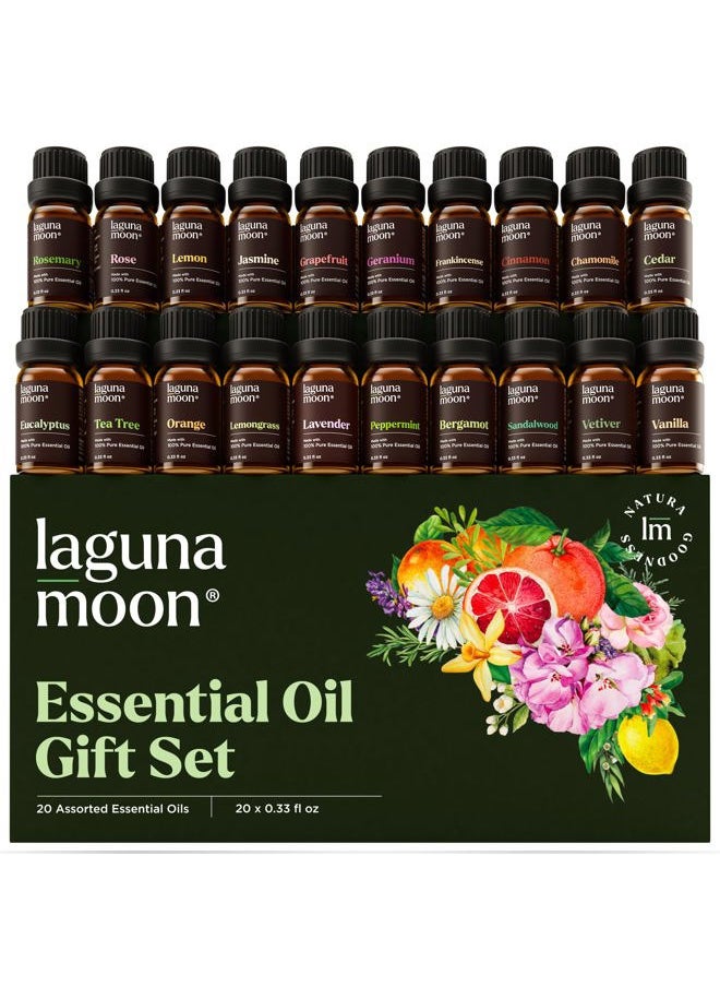 Essential Oils Set - Top 20 Gift Set Oils for Diffusers, Humidifiers, Massages, Aromatherapy, Candle Making, Skin & Hair Care - Peppermint, Tea Tree, Lavender, Eucalyptus, Lemongrass (10mL)