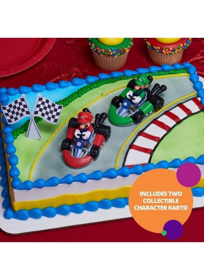 DecoSet® Mario Kart™ Cake Topper, 3 Piece Cake Decoration with Race Kart Toppers & Checkered Flag Decoration, Collectible Character Karts for Hours of Fun After the Party