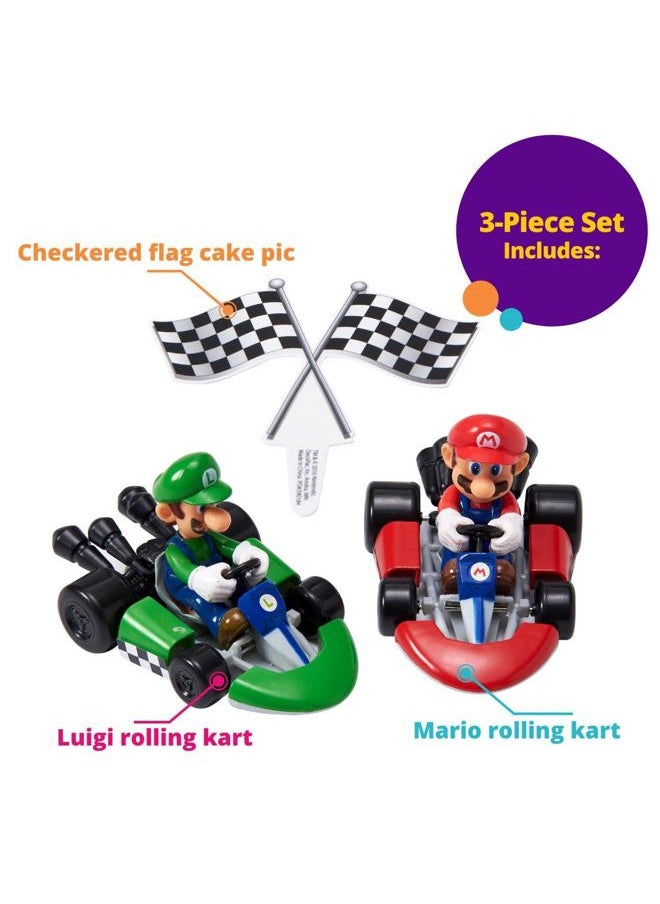 DecoSet® Mario Kart™ Cake Topper, 3 Piece Cake Decoration with Race Kart Toppers & Checkered Flag Decoration, Collectible Character Karts for Hours of Fun After the Party
