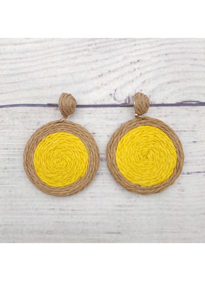 Bohemian Woven Straw Wicker Raffia Rattan Dangle Earrings Geometric Circle Round Statement Drop Earrings for Women Summer Beach Boho Jewelry-straw yellow