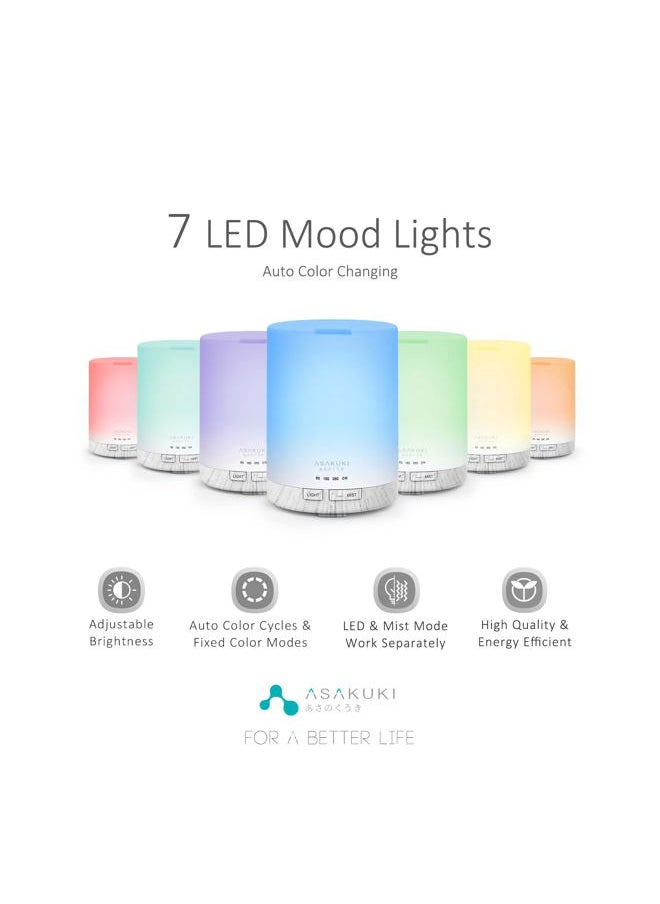 300ML Essential Oil Diffuser, Quiet 5-in-1 Premium Humidifier, Home Fragrance Aroma Diffuser with 7 LED Color Changing Light and Auto-Off Switch -White