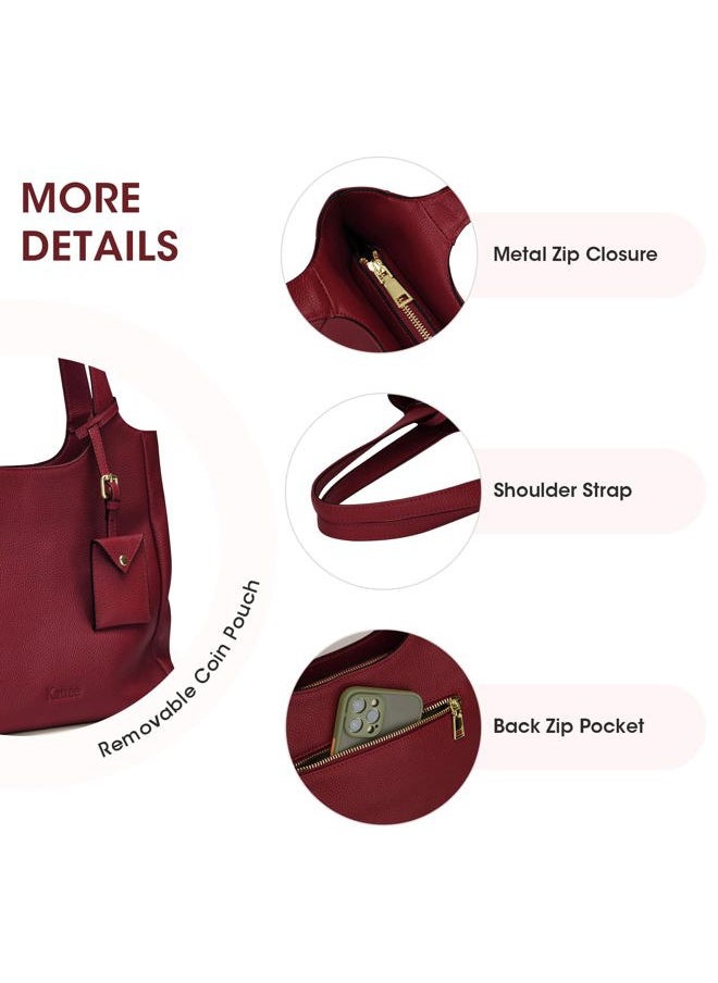 Soft Genuine Leather Shoulder Bag for Women Totes Hobo Purses and Handbags with Coin Pouch Wine Red