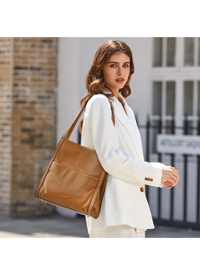 Women Shoulder Bag Genuine Leather Totes Purses and Handbags Medium Size, Brown