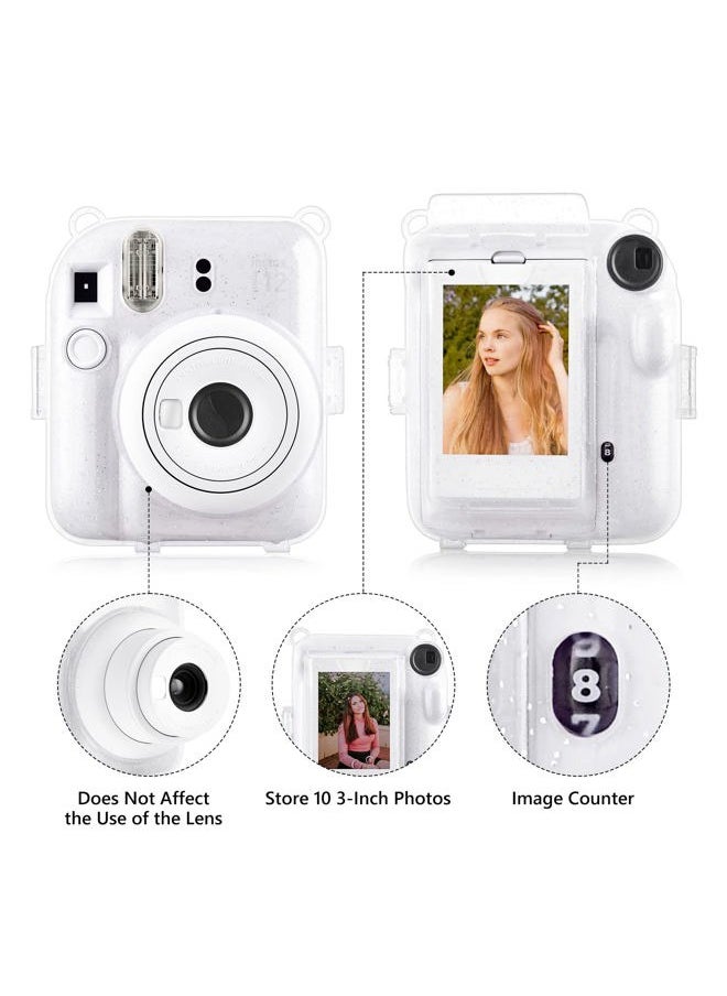 Clear Case Compatible with Fuji Instax Mini 12 - Glitter Case Bag for Fujifilm Instax Mini 12 Instant Camera with Back Pocket, Strap and Photo Album - Glitter Clear