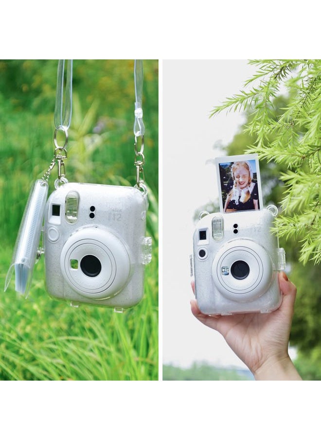 Clear Case Compatible with Fuji Instax Mini 12 - Glitter Case Bag for Fujifilm Instax Mini 12 Instant Camera with Back Pocket, Strap and Photo Album - Glitter Clear