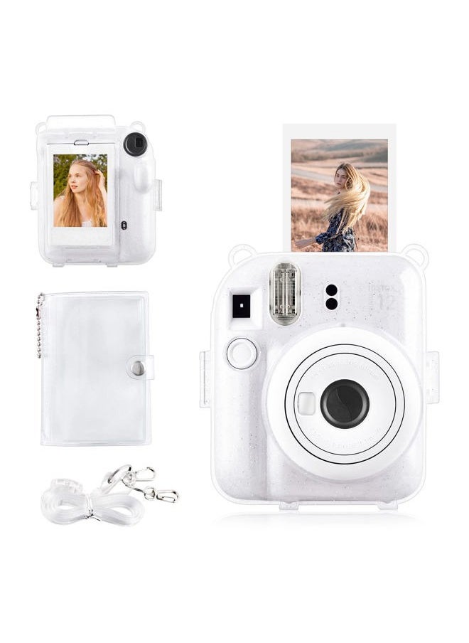 Clear Case Compatible with Fuji Instax Mini 12 - Glitter Case Bag for Fujifilm Instax Mini 12 Instant Camera with Back Pocket, Strap and Photo Album - Glitter Clear