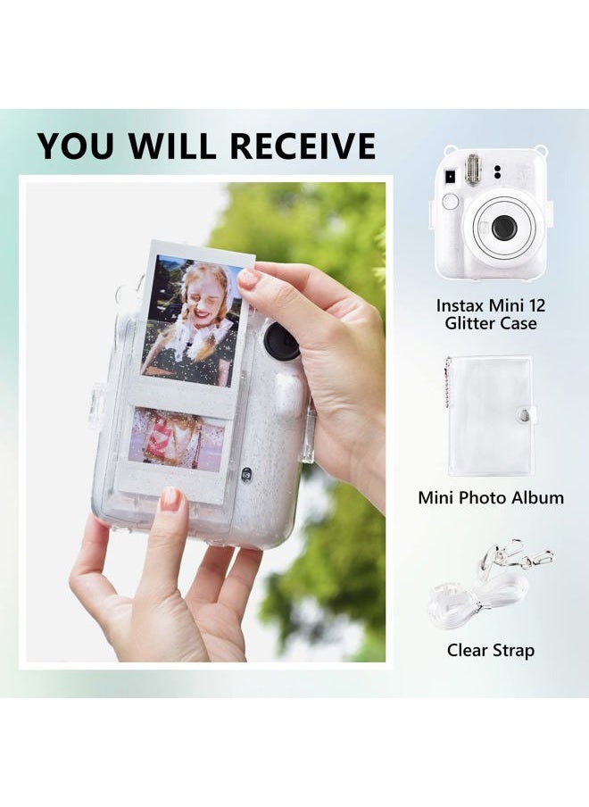 Clear Case Compatible with Fuji Instax Mini 12 - Glitter Case Bag for Fujifilm Instax Mini 12 Instant Camera with Back Pocket, Strap and Photo Album - Glitter Clear