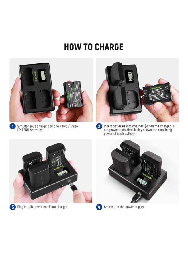 LP-E6NH Replacement Battery and USB Charger Set, Pack of 3, 2250 mAh Replacement for LP-E6NH Battery & Triple Slot USB Charger Compatible with Canon EOS R7 R5 R6 R6 II R, 5DIV, 6DII, 7DII, 80D,