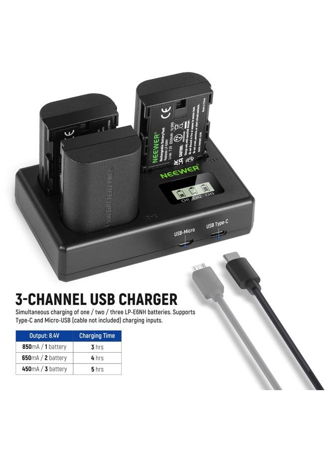 LP-E6NH Replacement Battery and USB Charger Set, Pack of 3, 2250 mAh Replacement for LP-E6NH Battery & Triple Slot USB Charger Compatible with Canon EOS R7 R5 R6 R6 II R, 5DIV, 6DII, 7DII, 80D,