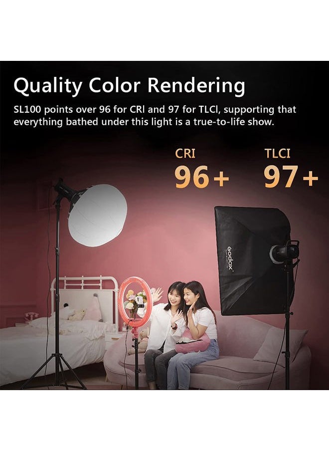 Godox SL100D Daylight LED Video Light, 100W 5600K 32100Lux @1M CRI 96+TLCI 97+ Bowens Mount COB LED Continuous Light, 8 FX Effects 0-100% Brightness Studio Light with RC-A6 Remote