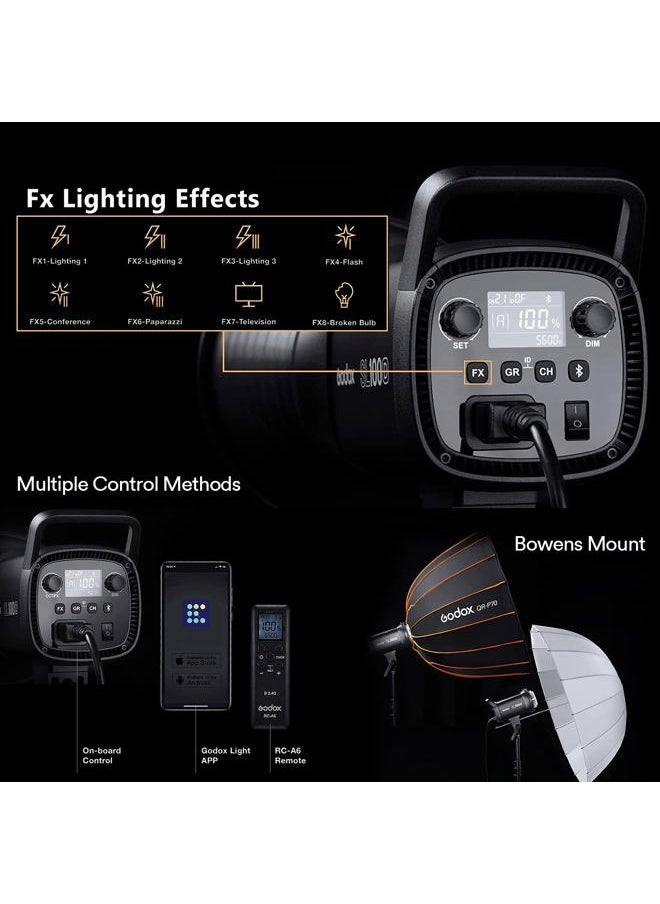 Godox SL100D Daylight LED Video Light, 100W 5600K 32100Lux @1M CRI 96+TLCI 97+ Bowens Mount COB LED Continuous Light, 8 FX Effects 0-100% Brightness Studio Light with RC-A6 Remote