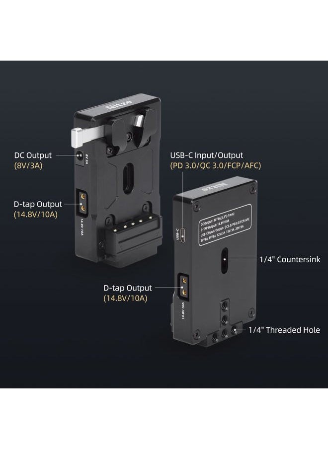 V Mount Battery Plate, USB-C (PD 3.0) Input/Output, DC (8V/3A), D-tap (14.8V/10A) Output V Mount Plate for Camera Power Supply - N21-D8A