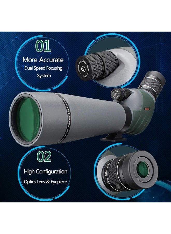 20-60x80 Dual Focusing ED Spotting Scope - Ultra High Definition Optics Scope with Carrying Case and Smartphone Adapter for Target Shooting Hunting Bird Watching Wildlife Astronomy Scenery