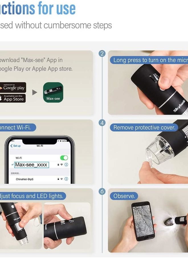 Wireless Digital Microscope, Skybasic 50X-1000X Magnification WiFi Portable Handheld Microscopes with Adjustable Stand HD USB Microscope Camera Compatible with iPhone Android iPad Windows Mac Computer