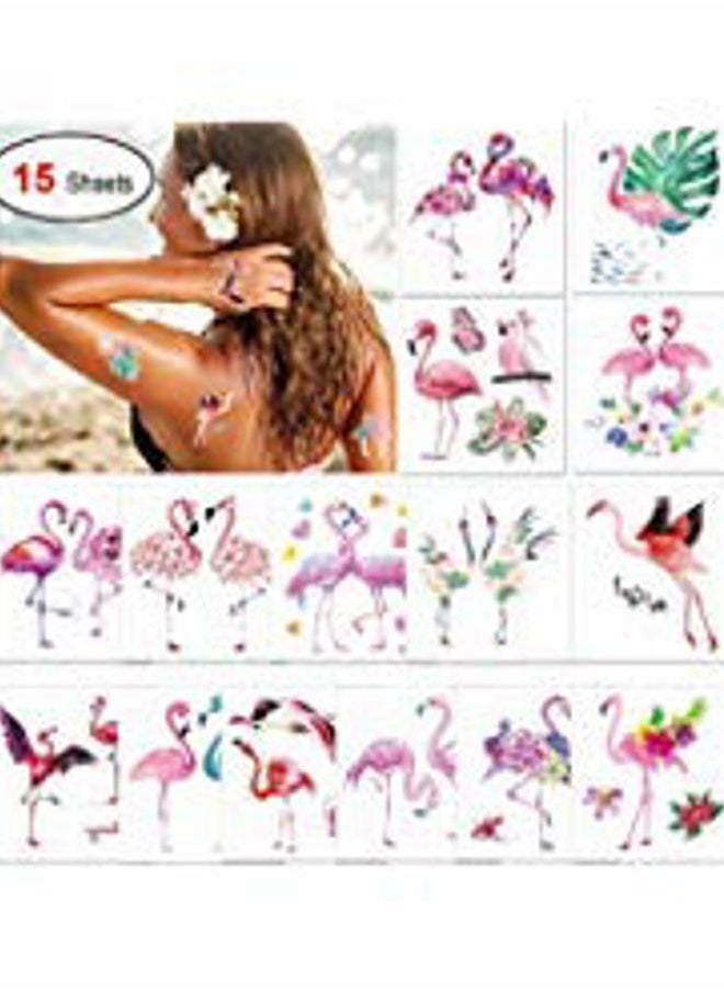 15Sheet Flamingo Temporary Tattoo for Women Kids, Elegant Hawaiian Luau Temporary Tattoos, Waterproof Tropical Tattoos Stickers for Hawaiian Summer Beach Pool Party Decorations Supplies