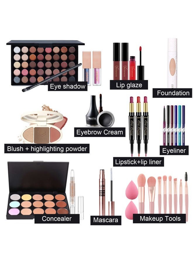 All-in-one Holiday Make up Gift Set | Makeup Kit for Women Full Kit Essential Starter Bundle Include Eyeshadow Palette Lipstick Blush Foundation Concealer Face Powder Mascara Lipgloss Brush