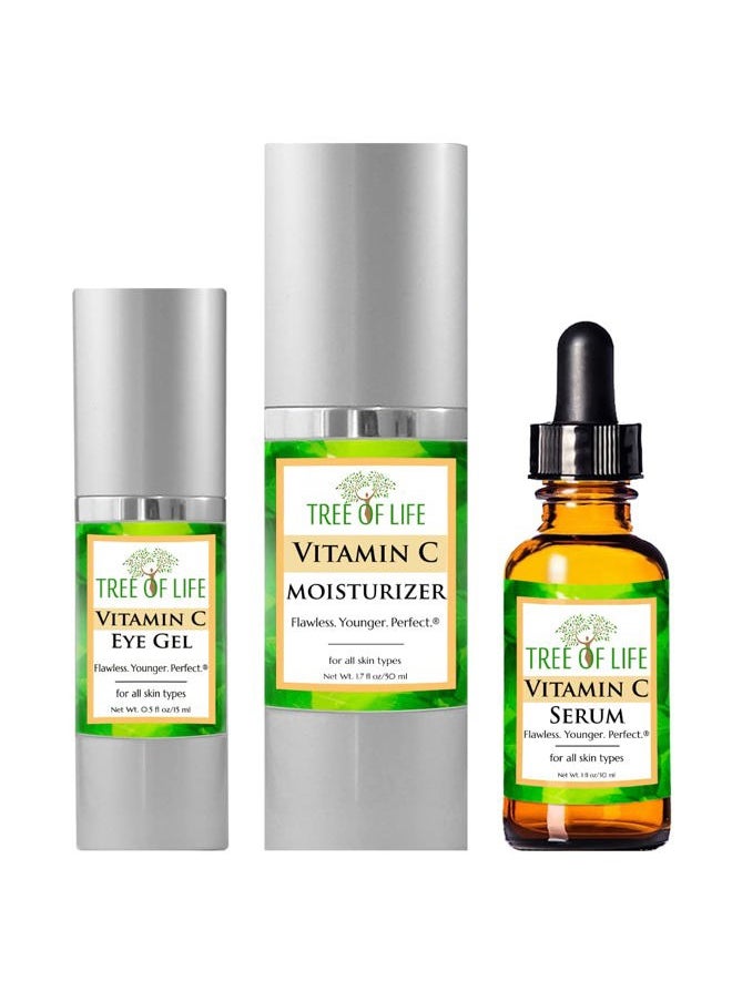 Tree of Life Vitamin C Serum for Face w/ 1.7 Oz Moisturizer Cream & 0.5 Oz Eye Gel - Skin Care Trio Serums to Brightening Dark Spot, Smooth Dry & Sensitive Skin, Anti-Aging, Wrinkles