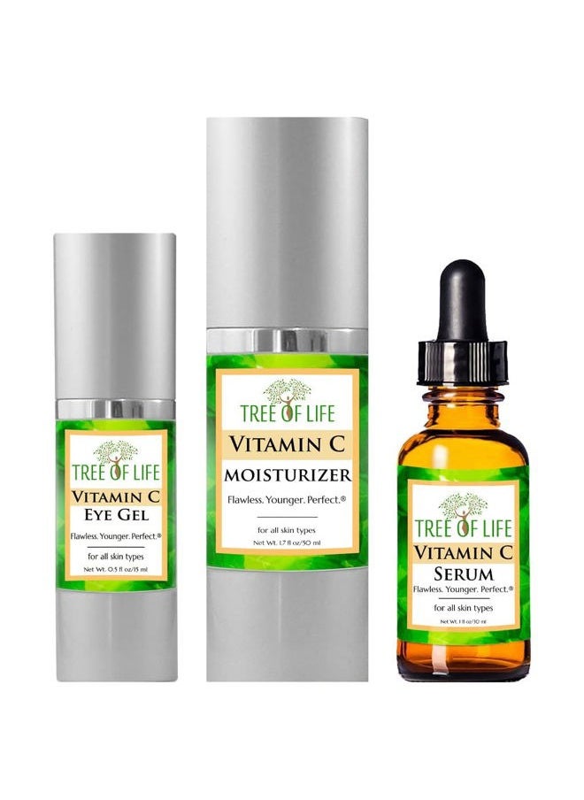 Tree of Life Vitamin C Serum for Face w/ 1.7 Oz Moisturizer Cream & 0.5 Oz Eye Gel - Skin Care Trio Serums to Brightening Dark Spot, Smooth Dry & Sensitive Skin, Anti-Aging, Wrinkles