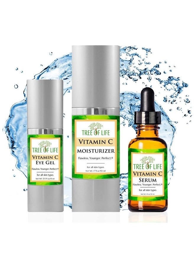 Tree of Life Vitamin C Serum for Face w/ 1.7 Oz Moisturizer Cream & 0.5 Oz Eye Gel - Skin Care Trio Serums to Brightening Dark Spot, Smooth Dry & Sensitive Skin, Anti-Aging, Wrinkles