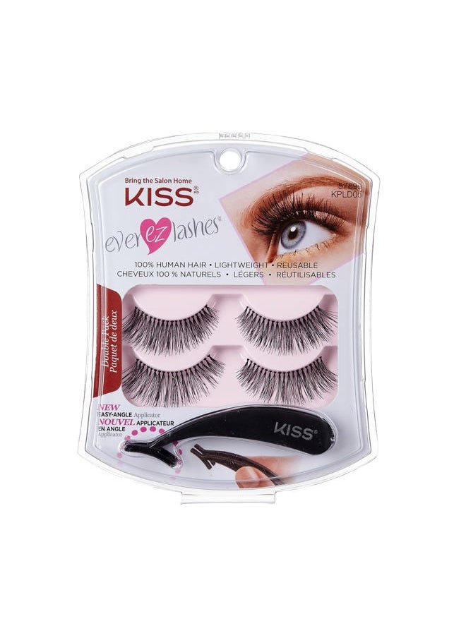 Ever EZ Lashes Double Pack #11 with Easy Angle Lash Applicator, Easy-To-Apply Lightweight False Eyelashes, 100% Cruelty-Free Natural Human Hair, Reusable and contact lens friendly, 2 Pairs Black