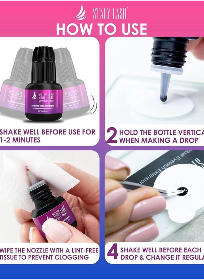 Lightning Speed Eyelash Extensions Glue – Stacy Lash 5ml /0.17 fl.oz / 0.3 Sec Dry/Retention – 6-8 Weeks/Black Adhesive/Professional Supplies