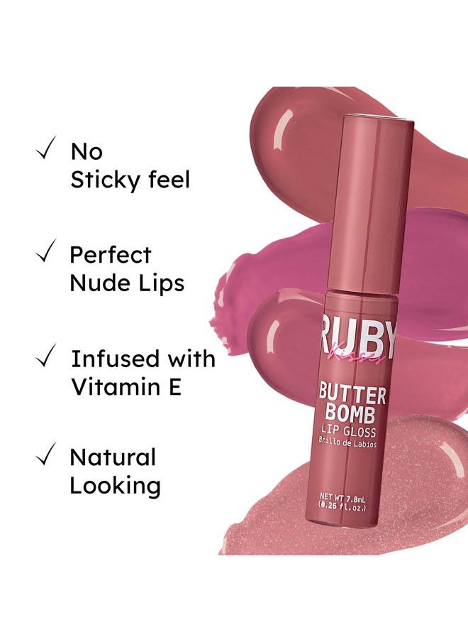 Lip Gloss Butter Bomb Gloss Non-Sticky Lip Gloss Vitamin E Natural Nude Lip Makeup - 7.8mL (0.26 US fl.oz) (Flirty)