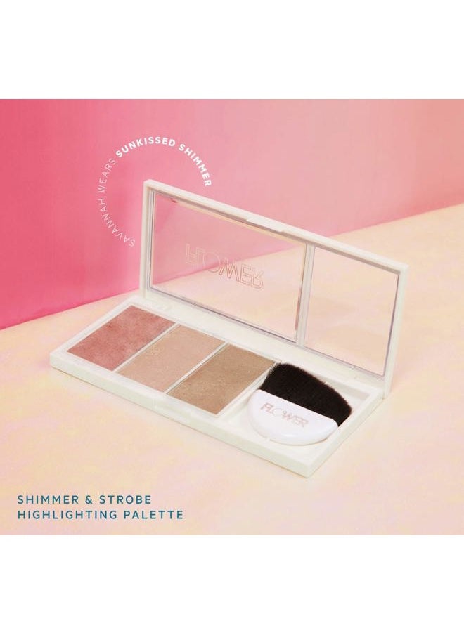 FLOWER Beauty By Drew Barrymore Shimmer & Strobe Highlighting Palette - Glowing Bronzer Powder Kit For Face - Blendable Coverage - Skintones - 3 Enhancing Colors - Strobe Brush Included (Sunkissed Shi