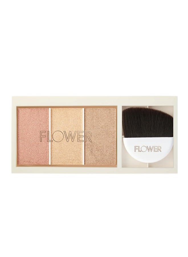FLOWER Beauty By Drew Barrymore Shimmer & Strobe Highlighting Palette - Glowing Bronzer Powder Kit For Face - Blendable Coverage - Skintones - 3 Enhancing Colors - Strobe Brush Included (Sunkissed Shi
