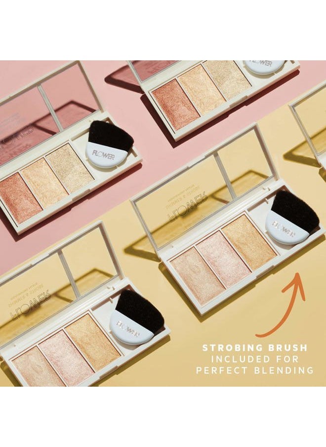 FLOWER Beauty By Drew Barrymore Shimmer & Strobe Highlighting Palette - Glowing Bronzer Powder Kit For Face - Blendable Coverage - Skintones - 3 Enhancing Colors - Strobe Brush Included (Sunkissed Shi