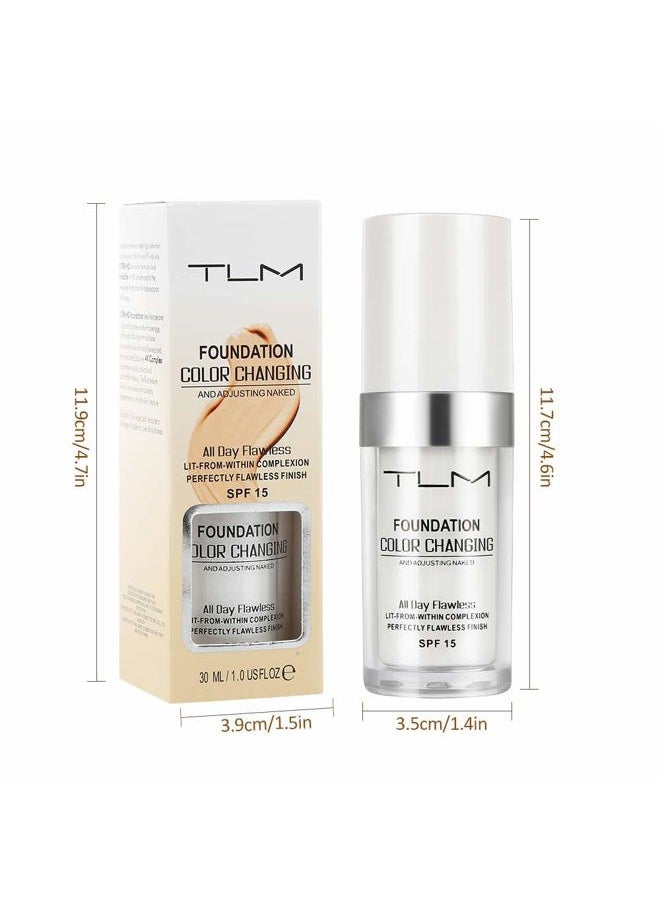 2pcs TLM Color Changing Foundation Liquid with 2 Brushes and 2 Cosmetics Sponge Flawless Full Coverage Natural Color Face Primer Base Makeup 30ml