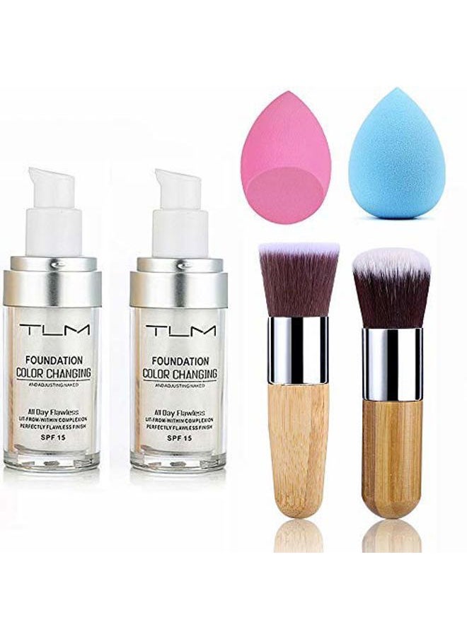 2pcs TLM Color Changing Foundation Liquid with 2 Brushes and 2 Cosmetics Sponge Flawless Full Coverage Natural Color Face Primer Base Makeup 30ml