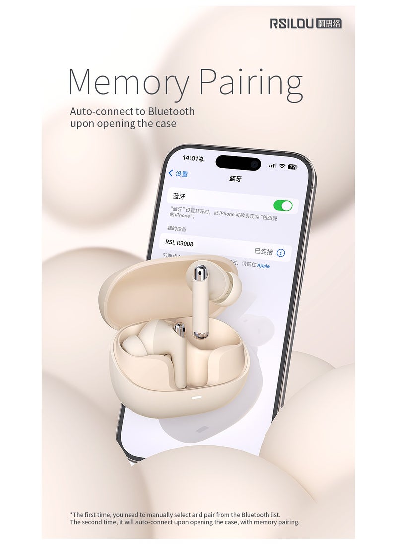 Rsilou R3008 Type-C Bluetooth 5.3 Wireless Earbuds – 6.5H Playtime, 400mAh Charging Case, Noise-Canceling Mics & Touch Control