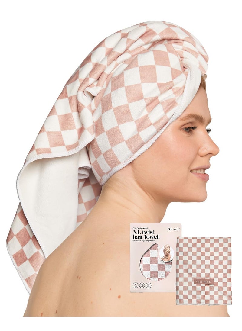 Kitsch XL Microfiber Hair Towel Wrap for Women  Microfiber Towel Super Absorbent Quick Dry AntiFrizz  for Long  Short Hairs Turbans for Women  Terracotta Checker