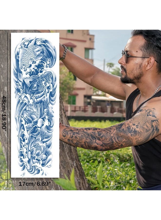 Semi Permanent Sleeve Tattoo for Women and Men, Realistic Temporary Tattoos Full Arm Waterproof & Long-Lasting 2-3 Weeks Christmas Gift Blue