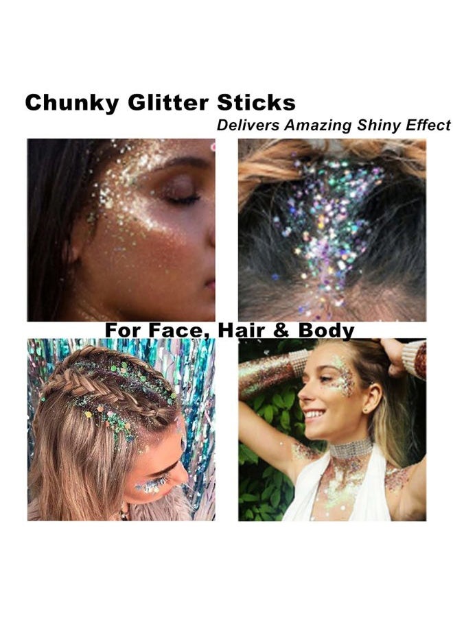 Gold Body Glitter Stick, Mardi Gras Face Glitter Makeup, Festival Rave Accessories for Women, Mermaid Sequins Chunky Glitter Face Paint, Hair Glitter Gel for Kids, 0.56oz