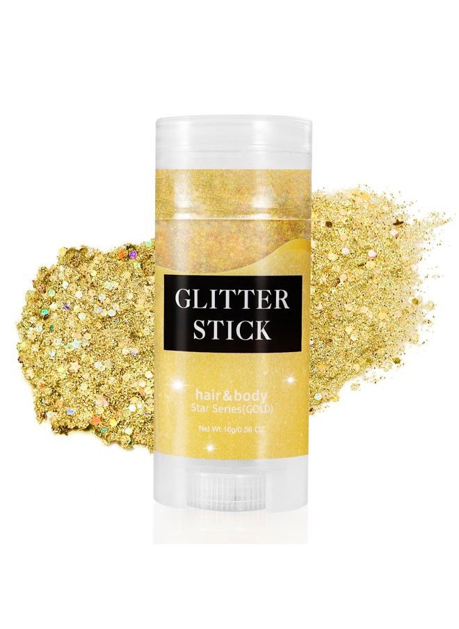 Gold Body Glitter Stick, Mardi Gras Face Glitter Makeup, Festival Rave Accessories for Women, Mermaid Sequins Chunky Glitter Face Paint, Hair Glitter Gel for Kids, 0.56oz