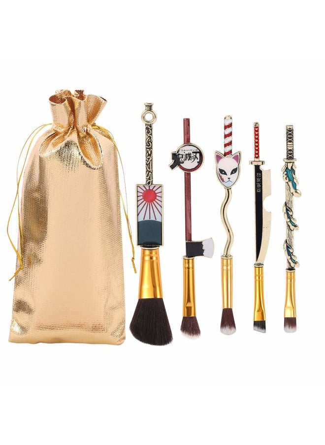 Demon Anime Makeup Brushes Set - 5pcs Kimetsu Yaiaba Peripheral Makeup Brushes Nezuko Tanjirou Metal Handle Makeup Tools Gift for Fans