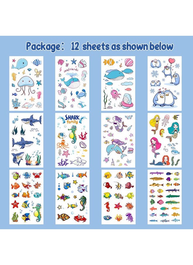 200 PCS Ocean Theme Temporary Tattoos for Kids, Beach Pool Under Sea Decorations Birthday Party Supplies Favors, Fake Tattoos Stickers With Mermaid Shark Tropical Fish Whale for Boys and Girls