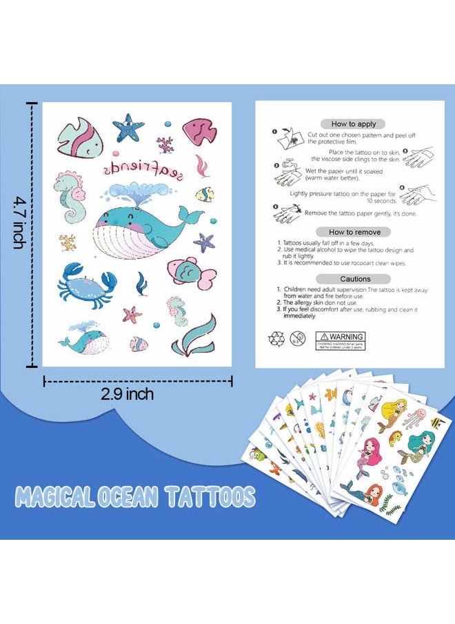 200 PCS Ocean Theme Temporary Tattoos for Kids, Beach Pool Under Sea Decorations Birthday Party Supplies Favors, Fake Tattoos Stickers With Mermaid Shark Tropical Fish Whale for Boys and Girls