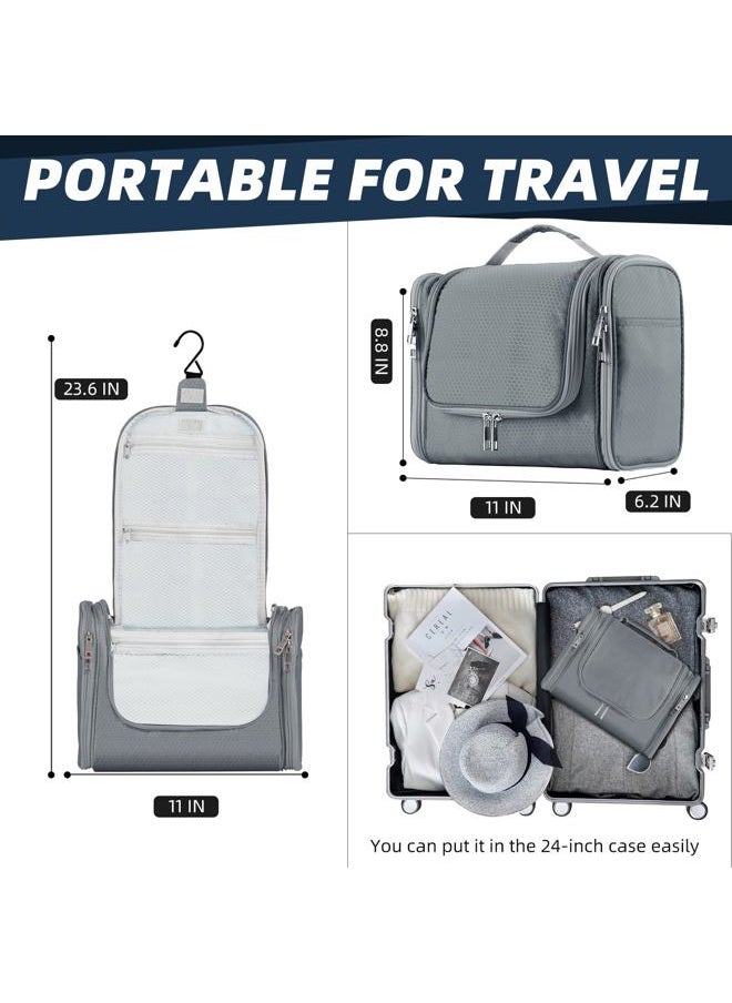Large Capacity Toiletry Bag for Women and Men, Hanging Toiletry Organizer Cosmetics Makeup Bag, Water-resistant Dopp Kit Shaving Bags for Full Sized Toiletries, Travel Essentials (Gray)