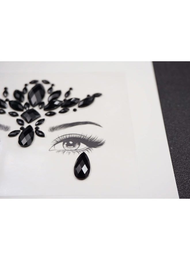Black Flower Face Jewels for Halloween Costume Makeup - Cat Women Mermaid Day of the Dead Gems Stick-on Tattoos Fairy Accessories (Black-S095)