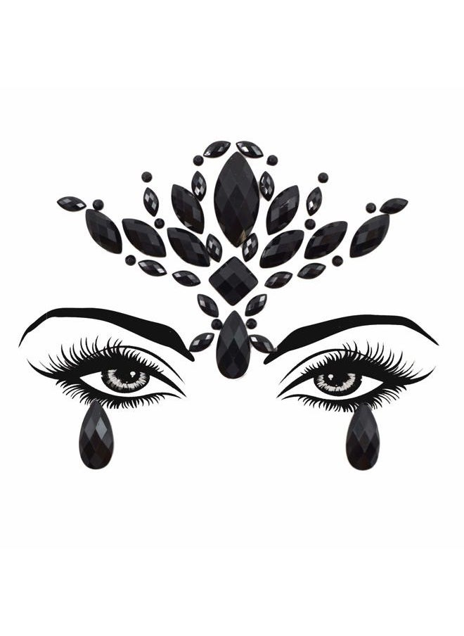 Black Flower Face Jewels for Halloween Costume Makeup - Cat Women Mermaid Day of the Dead Gems Stick-on Tattoos Fairy Accessories (Black-S095)