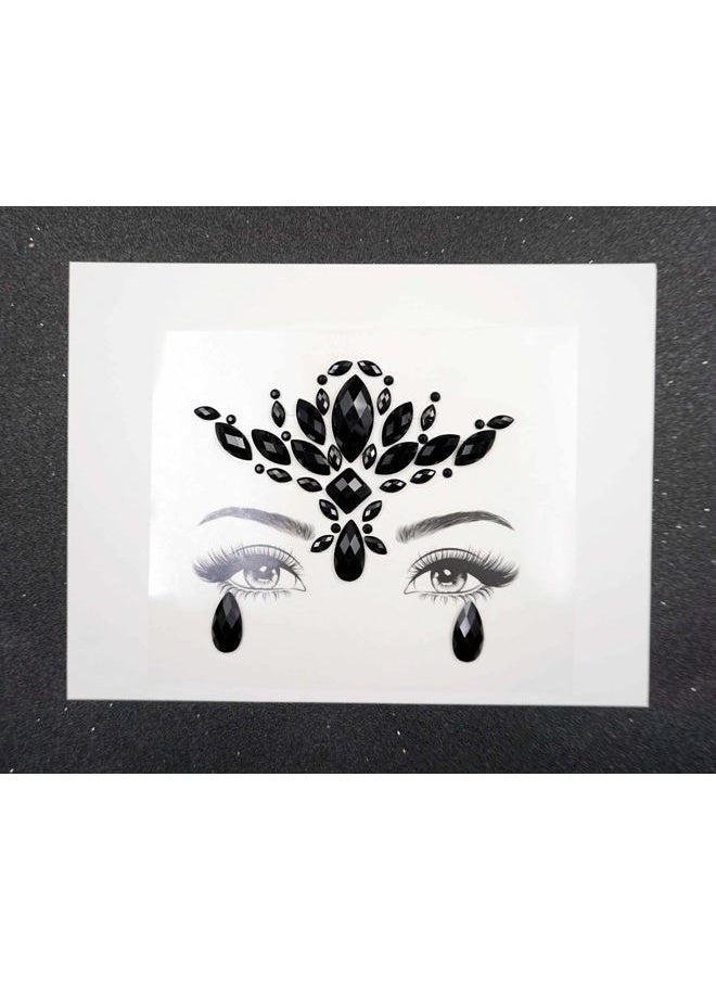 Black Flower Face Jewels for Halloween Costume Makeup - Cat Women Mermaid Day of the Dead Gems Stick-on Tattoos Fairy Accessories (Black-S095)