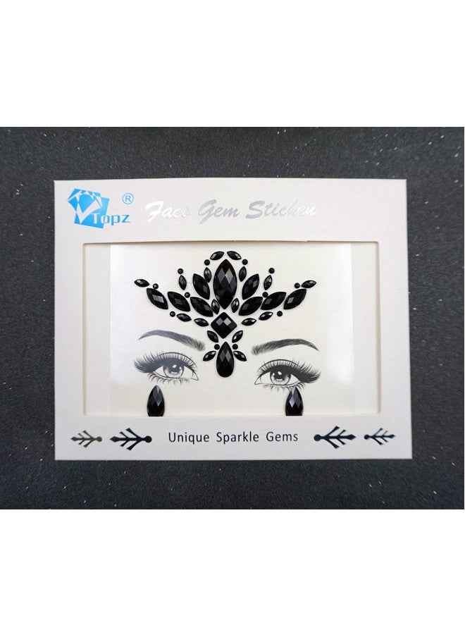 Black Flower Face Jewels for Halloween Costume Makeup - Cat Women Mermaid Day of the Dead Gems Stick-on Tattoos Fairy Accessories (Black-S095)