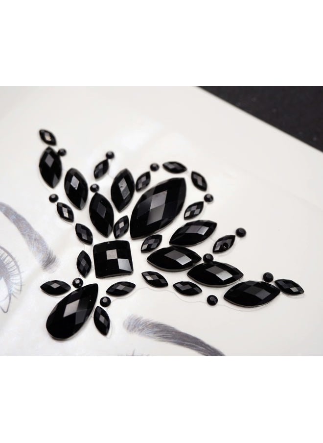Black Flower Face Jewels for Halloween Costume Makeup - Cat Women Mermaid Day of the Dead Gems Stick-on Tattoos Fairy Accessories (Black-S095)
