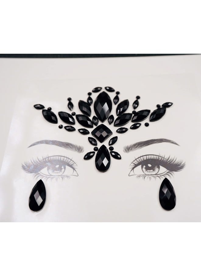 Black Flower Face Jewels for Halloween Costume Makeup - Cat Women Mermaid Day of the Dead Gems Stick-on Tattoos Fairy Accessories (Black-S095)